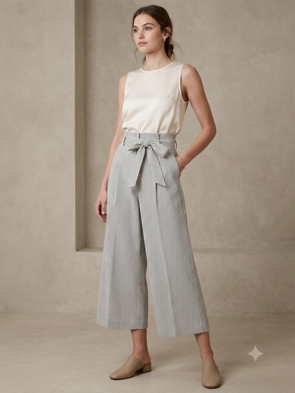 Club Monaco Size 8 Striped Paperbag Waist Wide Leg Cropped Pants Linen Blend⁠